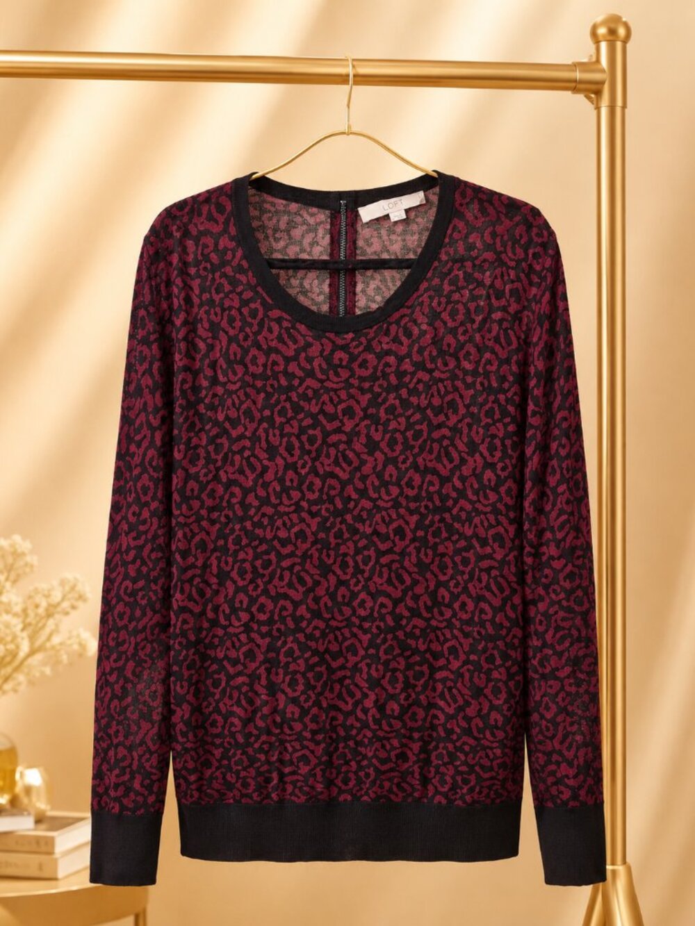 LOFT XL Ramie Rayon Burgundy Black Leopard Sheer Knit Top Y2K Animal Print